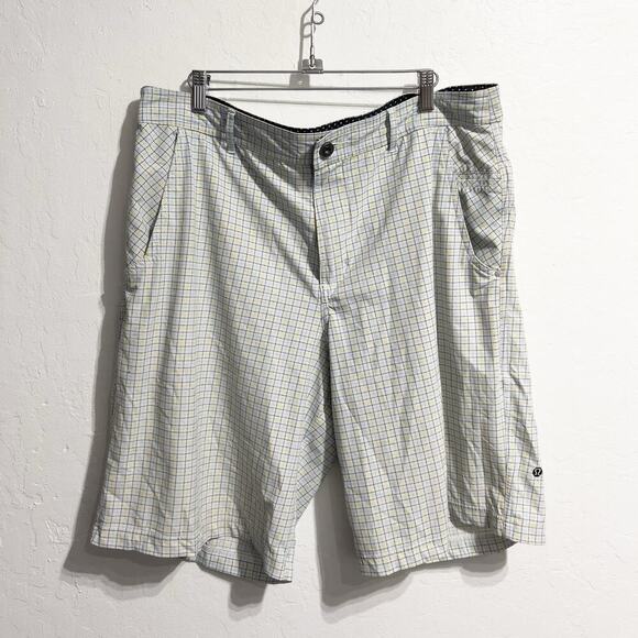 Lululemon Shorts Mens Sz 38 White Plaid Swim Trunks Board White Yellow Blue - Picture 1 of 8